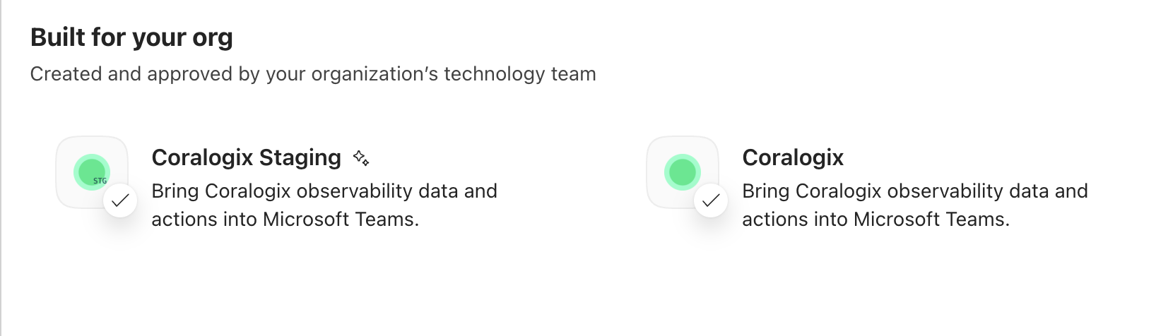 Adding Coralogix to a team from the Built for your org section in Microsoft Teams