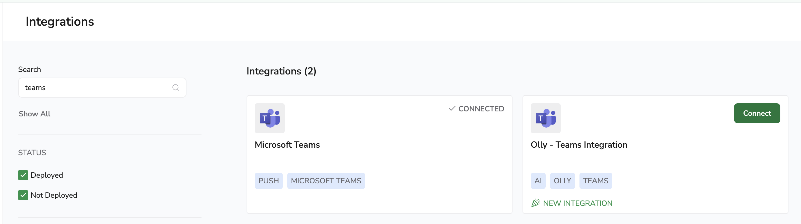 Selecting Microsoft Teams, not Olly, on the Coralogix Integrations page