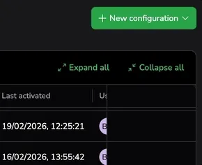 Screenshot of the New configuration dropdown showing Kubernetes, ECS, Host, and Custom group template options