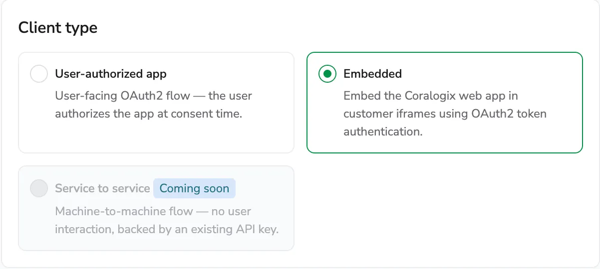 Client type selector with User-authorized app, Embedded, and Service to service cards