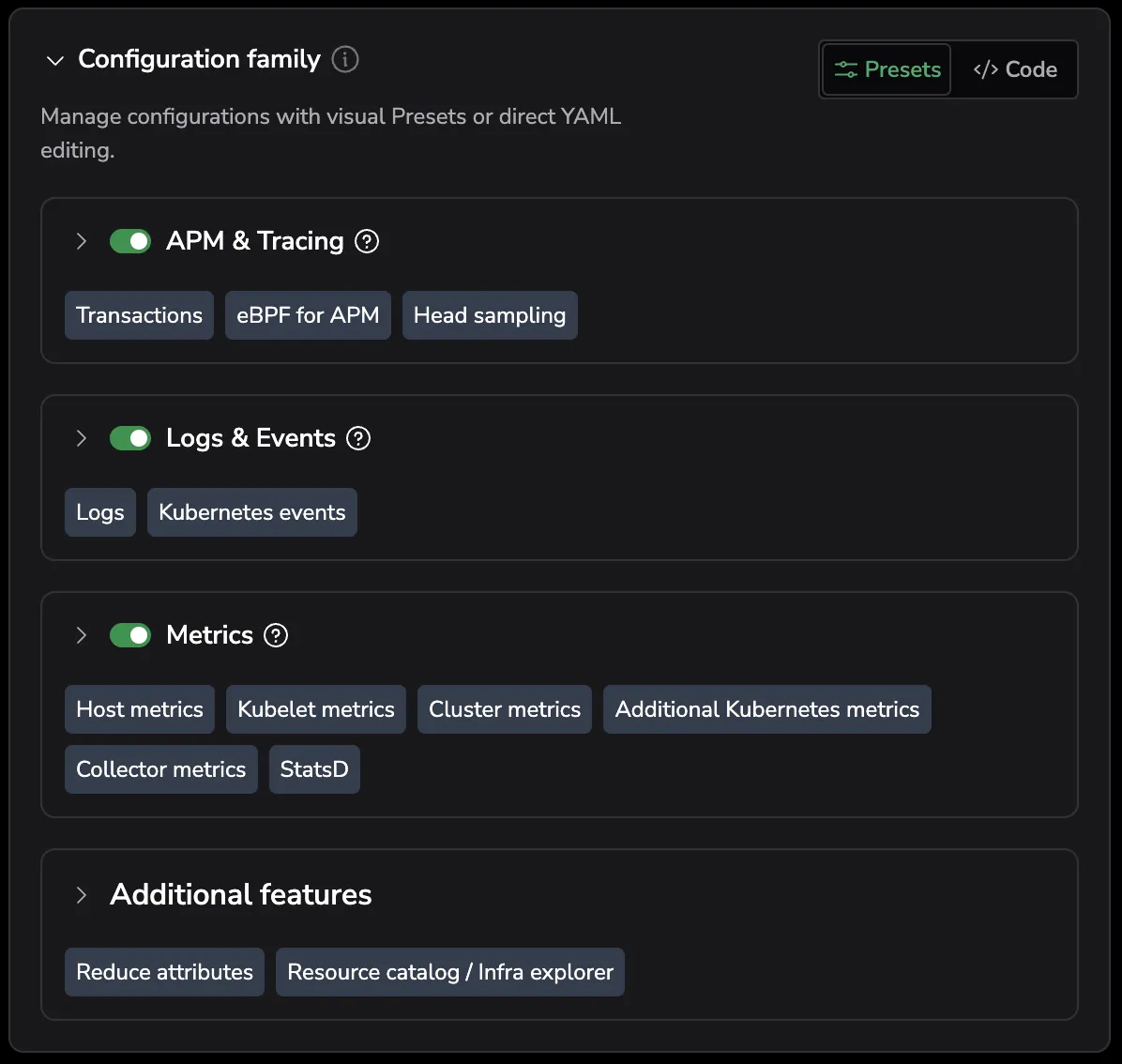 Screenshot of the observability feature presets showing APM & Tracing, Logs & Events, Metrics, and Additional features categories with toggle controls