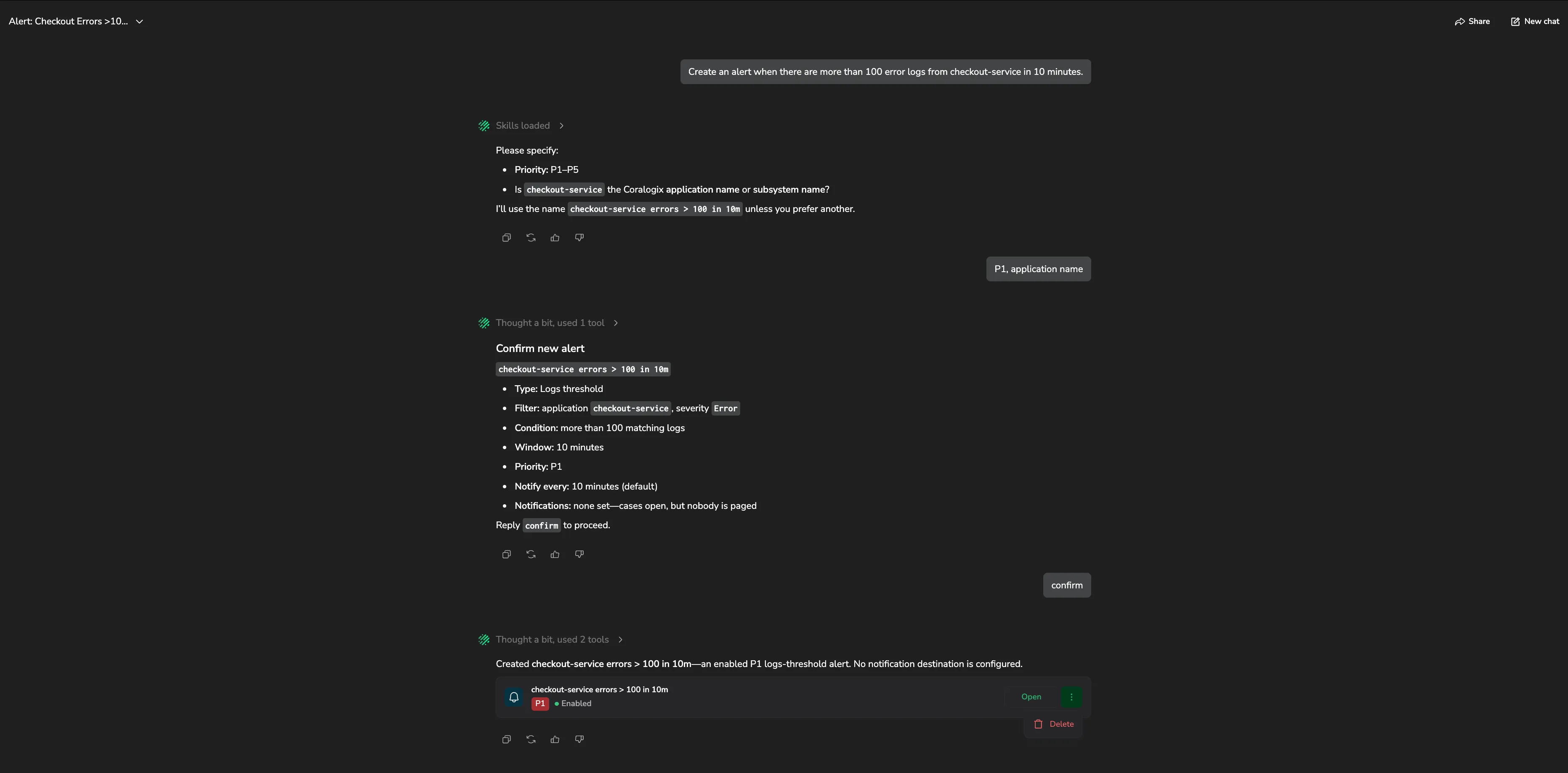 Olly creating an alert in chat — the confirmation summary, then the alert card with a priority badge, Enabled status, an Open button, and a Delete action