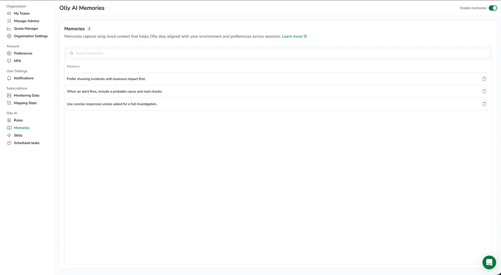 Memories settings page