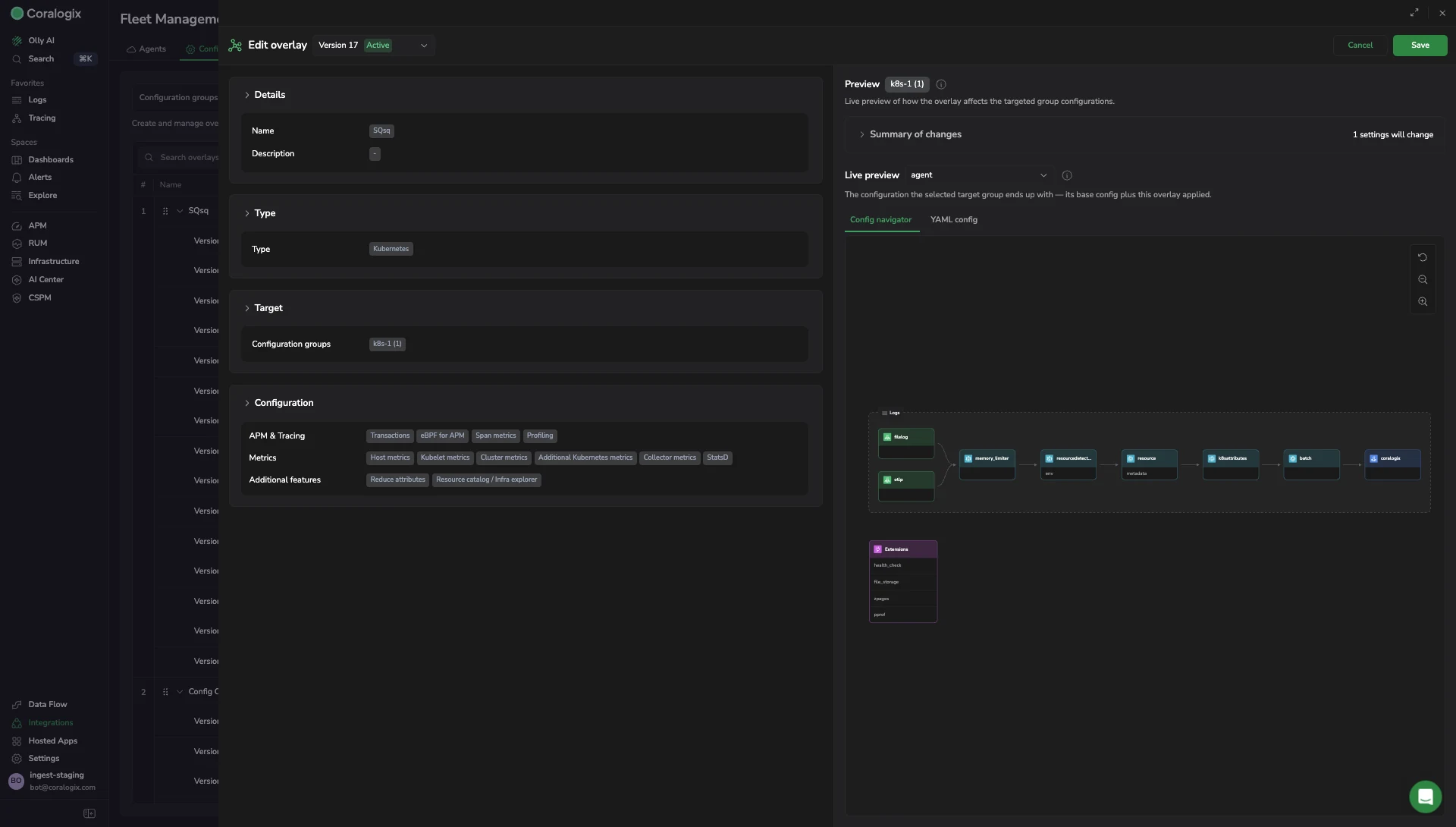 The overlay editor with Summary of changes reporting one setting will change, and Live preview showing the resulting pipeline in Config navigator