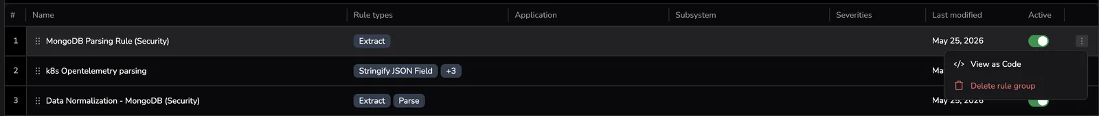 View as Code menu item in the rule list