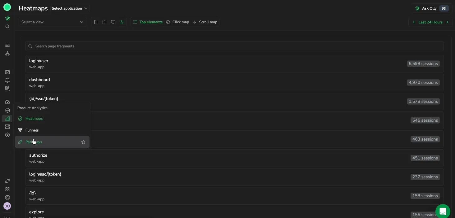 Opening Pathways from the Product Analytics menu to trace a pathway