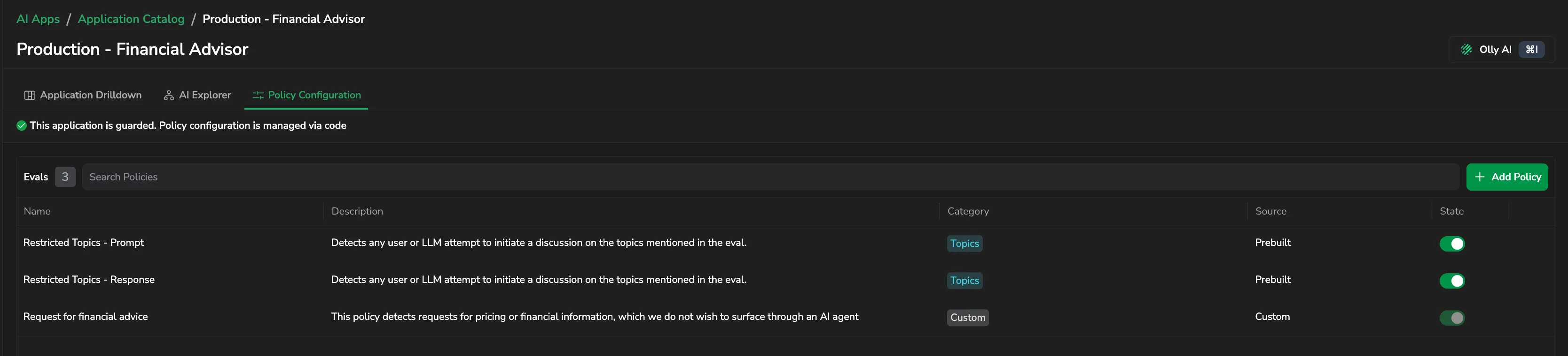 Policy Configuration tab listing prebuilt and custom evals with their categories, sources, and state toggles