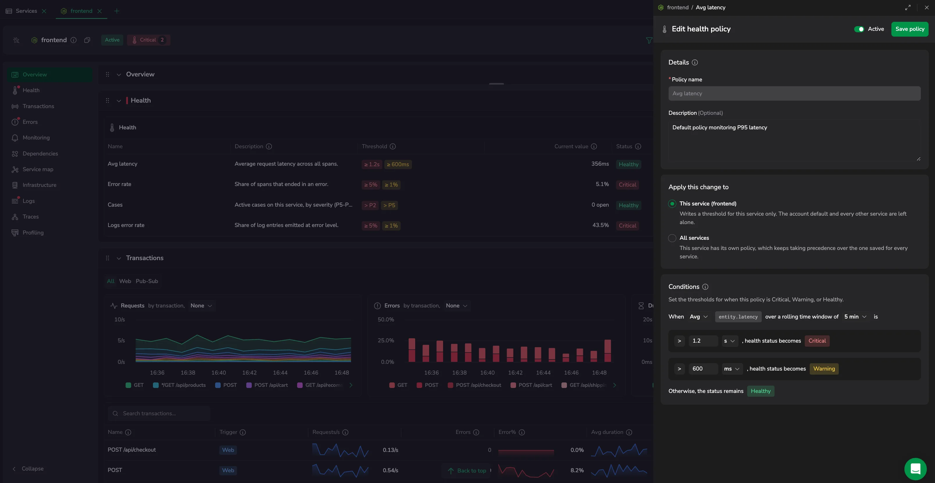 The Edit health policy drawer: Details (policy name and description), the Apply this change to scope, and the Conditions setting the Critical and Warning thresholds over a rolling time window.