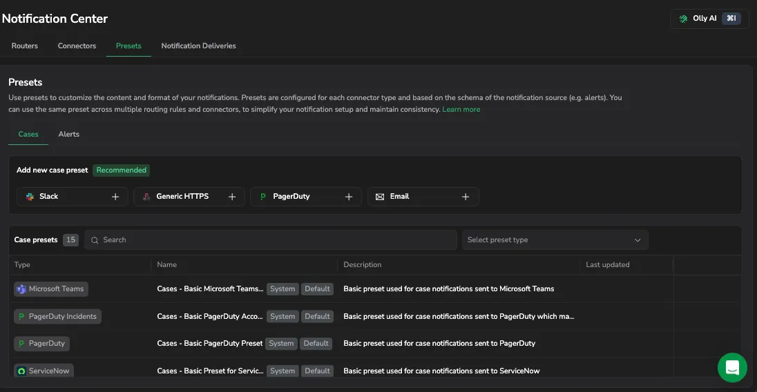 Notification Center Presets tab showing the Cases preset list and the Add new case preset options
