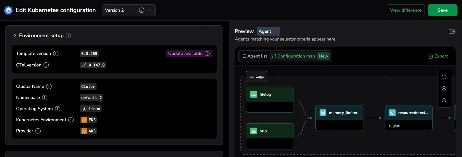 Screenshot of the Preview panel showing the Agent dropdown, Agent list, Configuration map, and New tabs