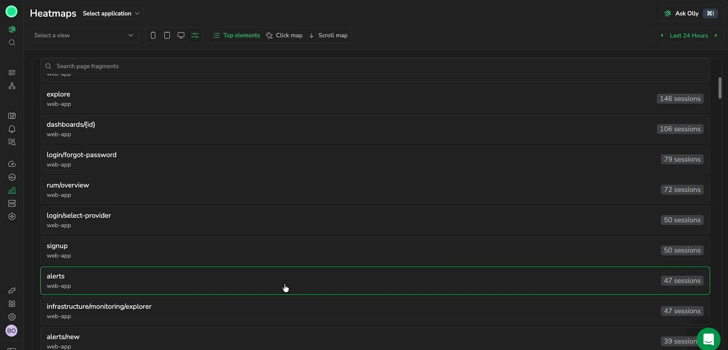 Product Analytics open to the Heatmaps view, browsing the searchable list of captured pages ranked by session count