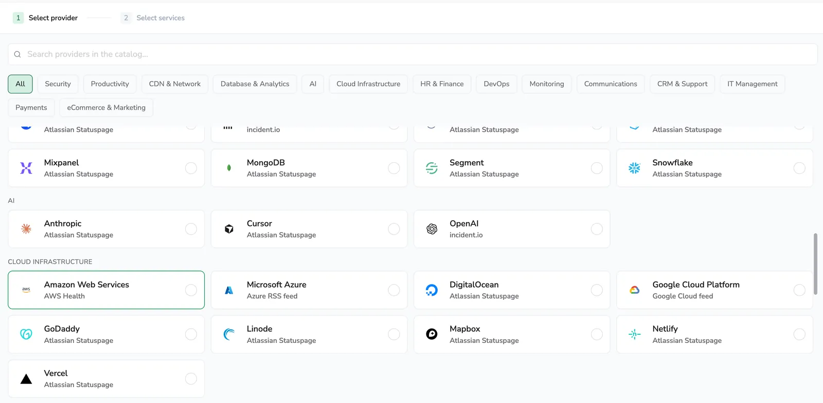 Add provider panel on the Select provider step, showing the searchable catalog grouped by category
