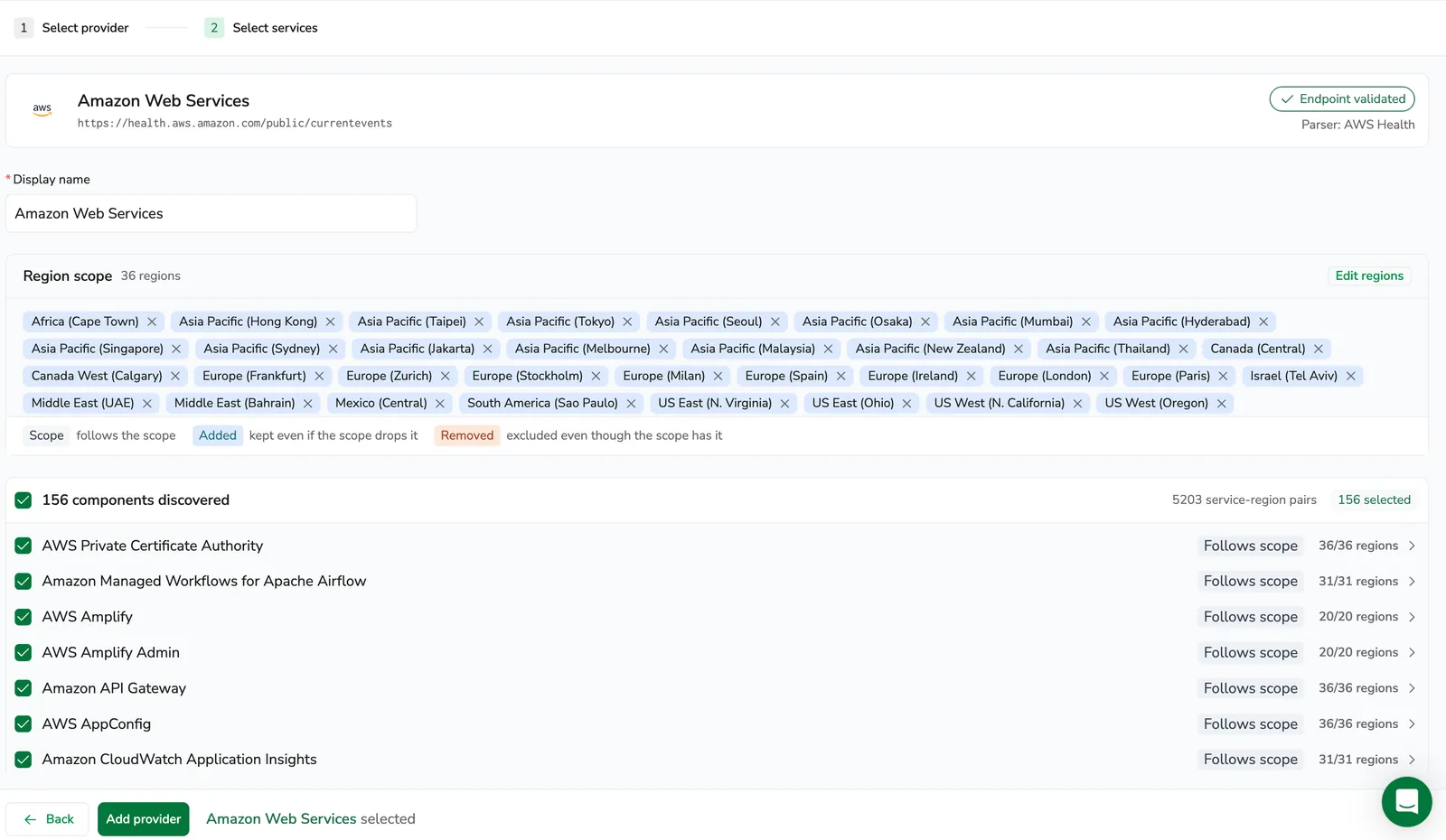 Select services with the display name field and the discovered components
