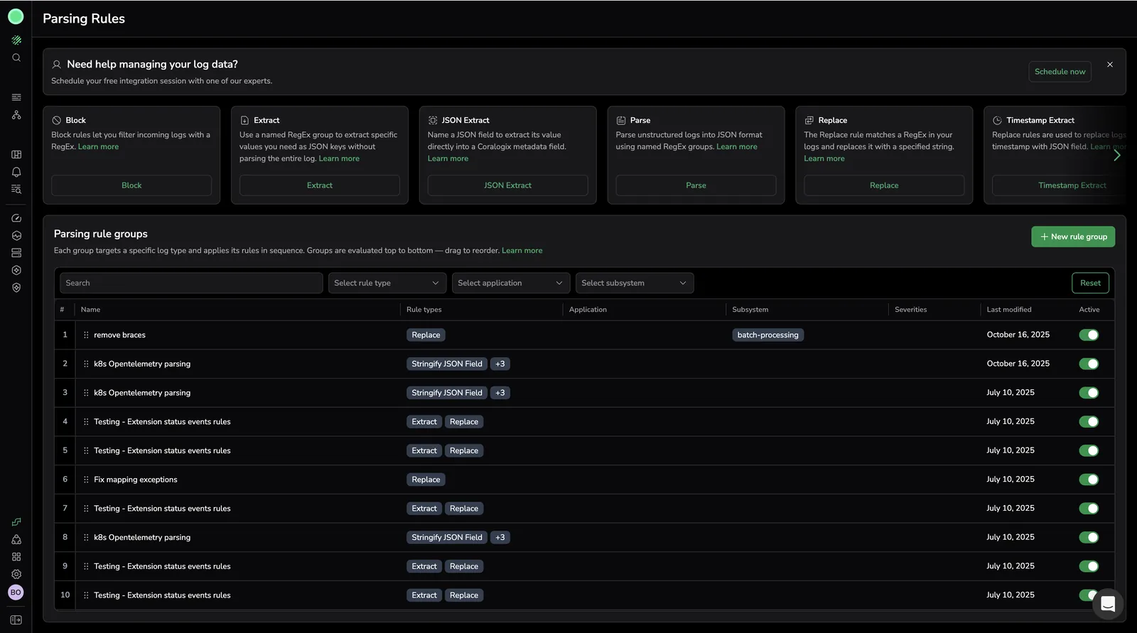 Parsing Rules page showing rule type cards at the top and the Parsing rule groups grid below, with columns for name, rule types, application, subsystem, severities, last modified, and active status