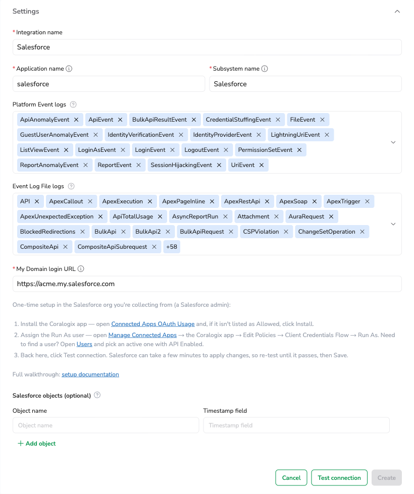 Salesforce integration settings, with the Test connection button and Create disabled until the test passes