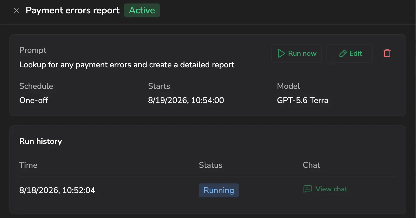 A scheduled task in Olly — its prompt, schedule, model, and run history, with each run's chat one click away