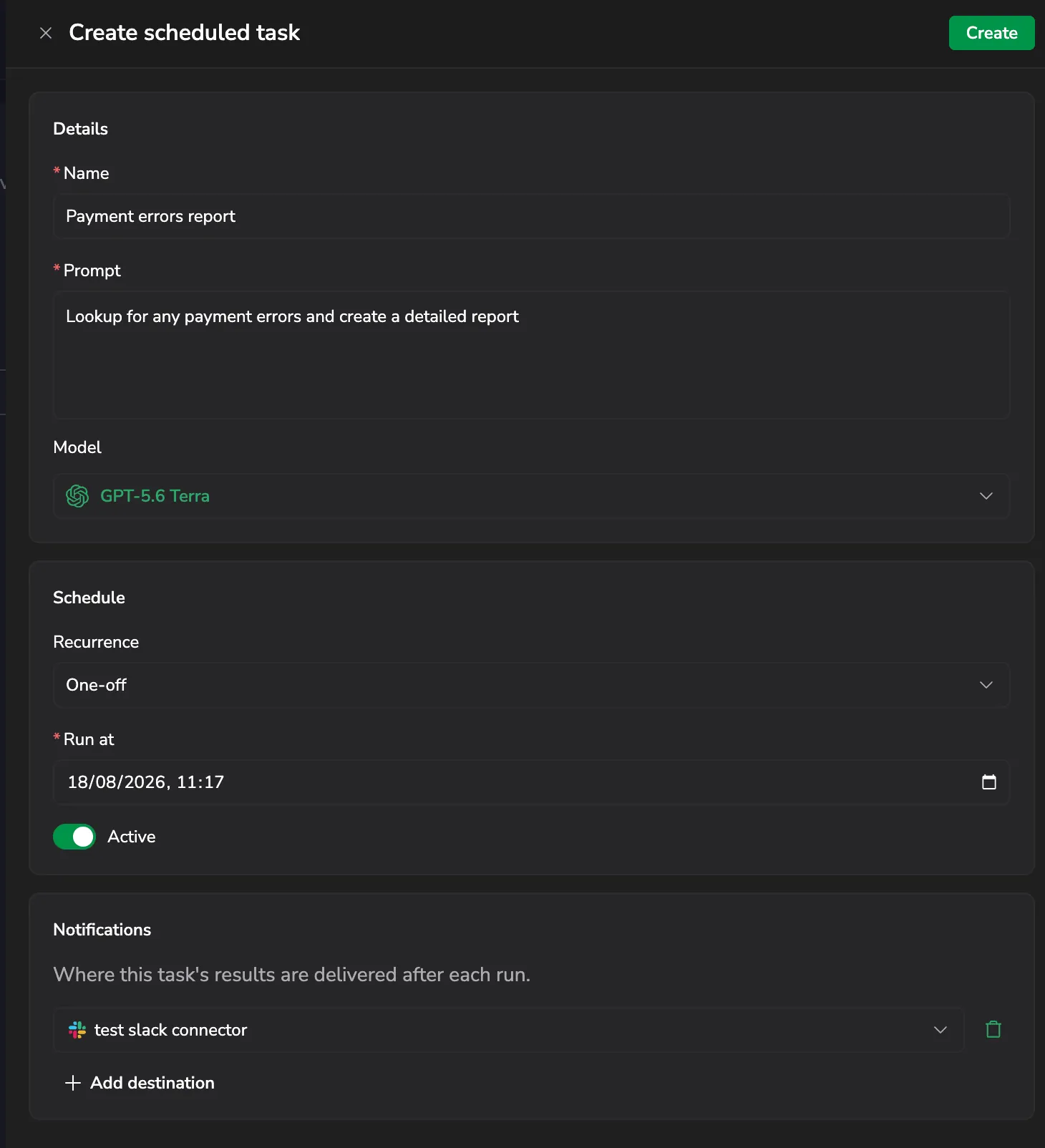 The Create scheduled task form — Details, Schedule, and the Notifications section with a destination added