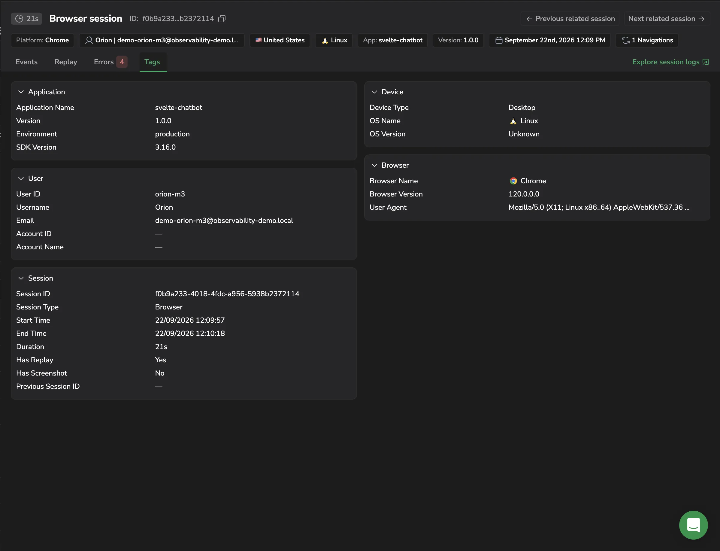 Screenshot of the Tags tab showing the Application, User, Session, Device, and Browser metadata cards