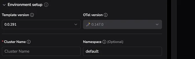 Screenshot of the Template version dropdown showing available versions with update badges and a changelog tooltip on hover