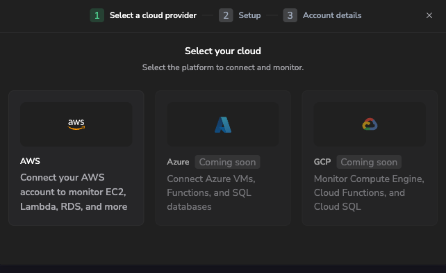 Add cloud wizard on the Select Cloud step with AWS selected and Azure and GCP marked Coming soon