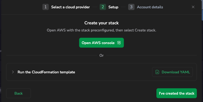 Setup step with an Open AWS console button, a CloudFormation template section, and a Download YAML button