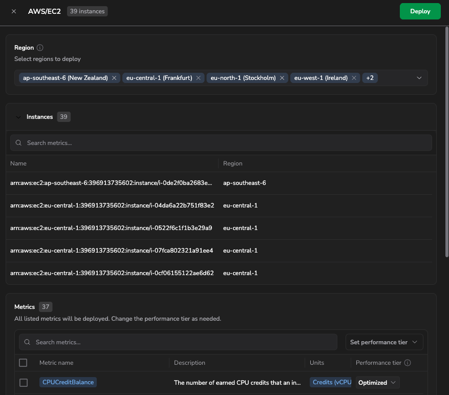 Deploy panel showing a region selector, an instances list, and a metrics table with a performance tier dropdown per metric