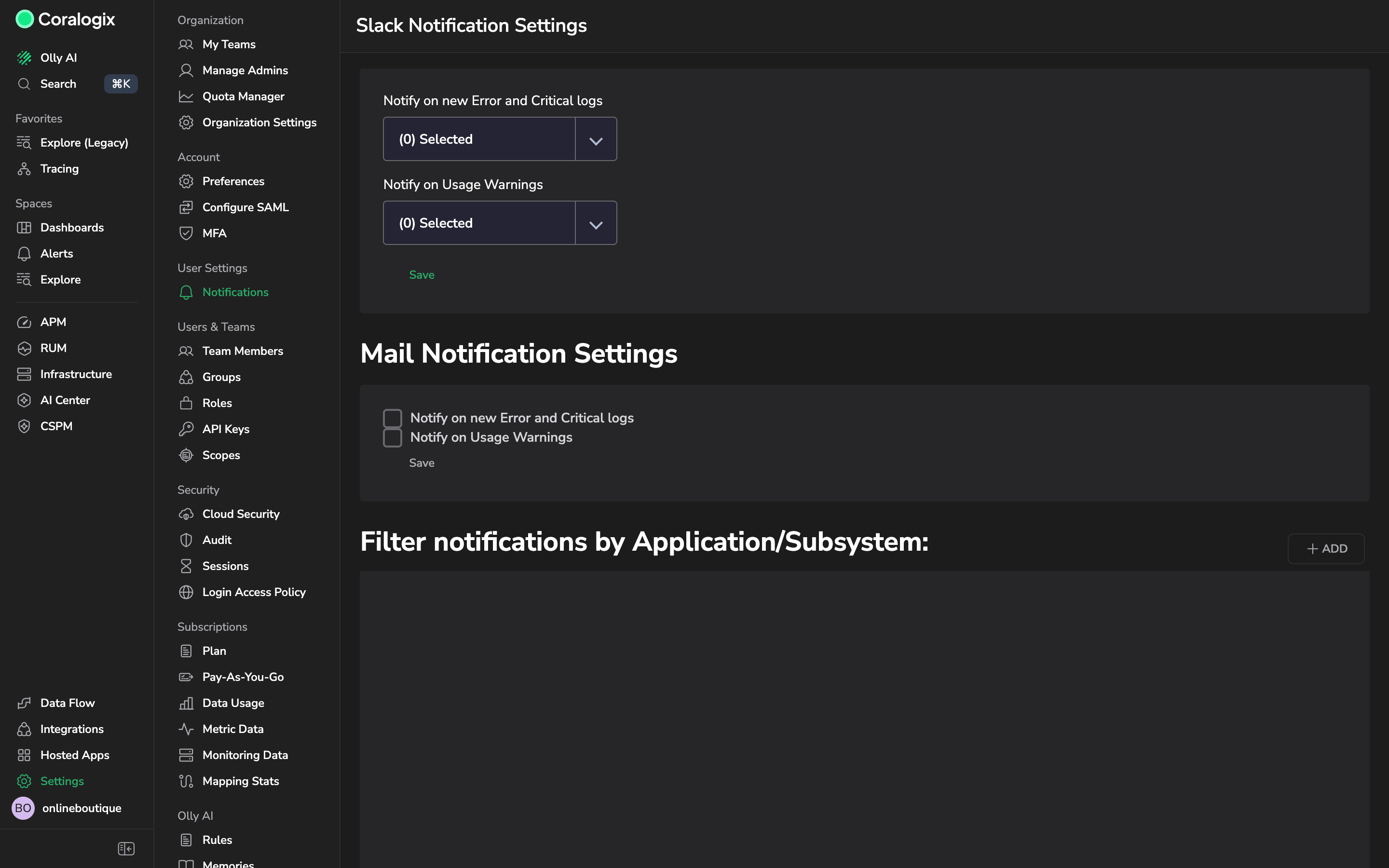 Notifications settings showing the Slack and Mail notification sections, each with the Notify on new Error and Critical logs and Notify on usage warnings options