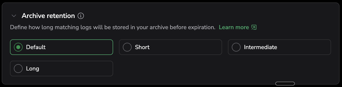 Archive retention options: Default, Short, Intermediate, and Long