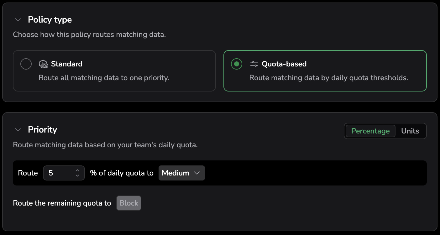 Quota-based policy type selected, with the Priority section routing a percentage of daily quota to Medium and the remaining quota to Block