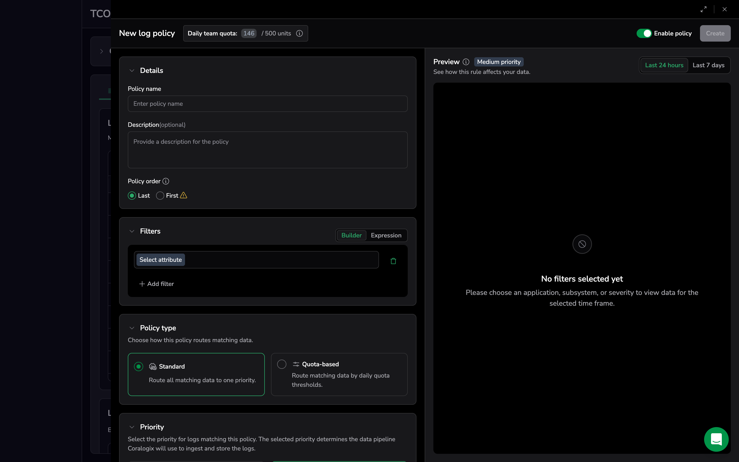 TCO Preview panel for a new policy showing the "No filters selected yet" placeholder