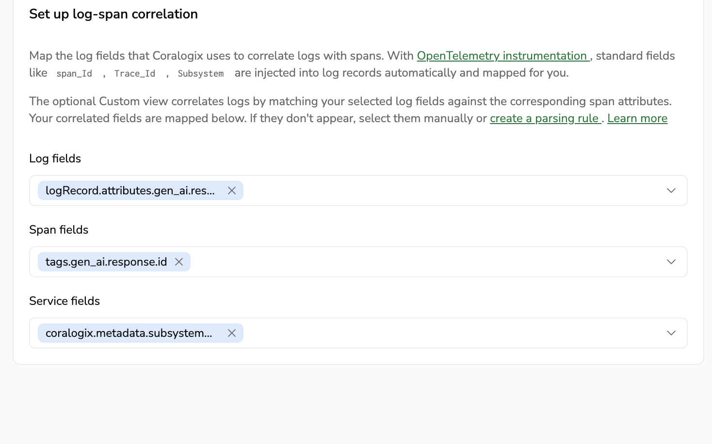 Set up log-span correlation dialog in Custom view, with Log fields set to logRecord.attributes.gen_ai.response.id, Span fields set to tags.gen_ai.response.id, and Service fields set to coralogix.metadata.subsystemName