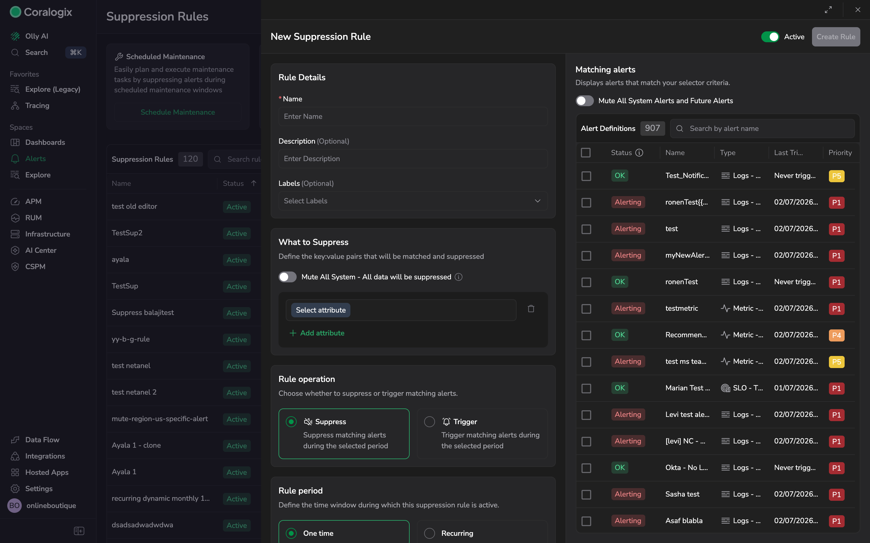 New suppression rule drawer with the rule fields and the matching alerts panel
