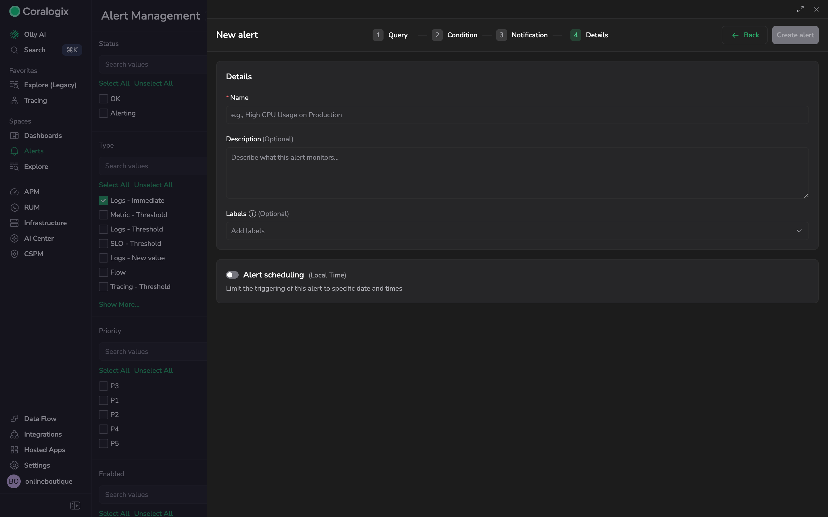 Alert details with case settings