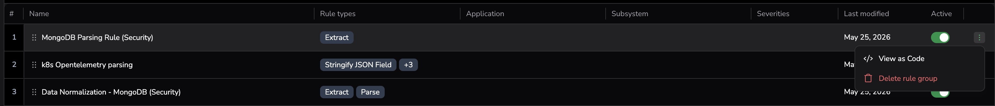 View as Code menu item in the rule list