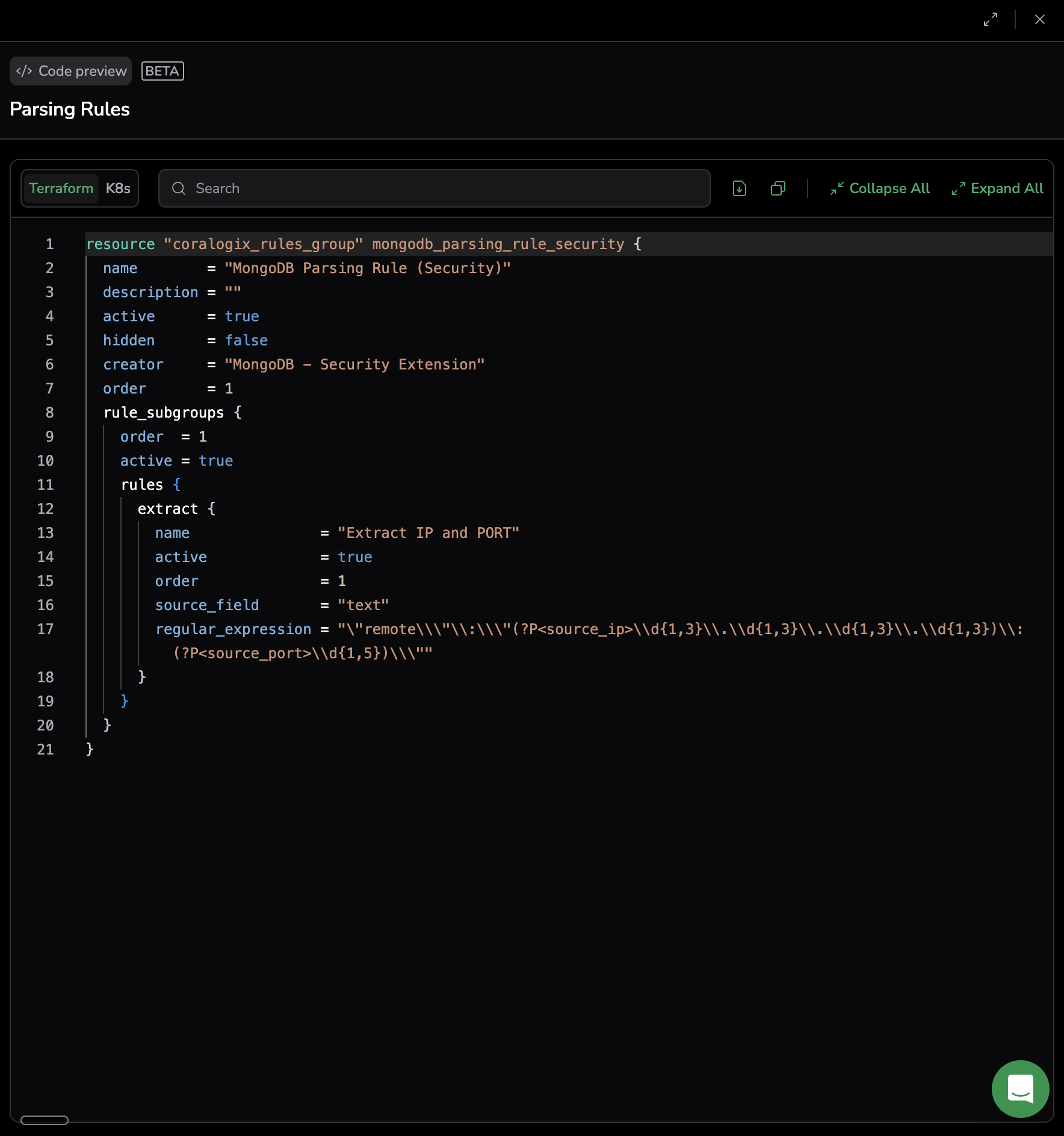 Code preview panel showing Terraform output