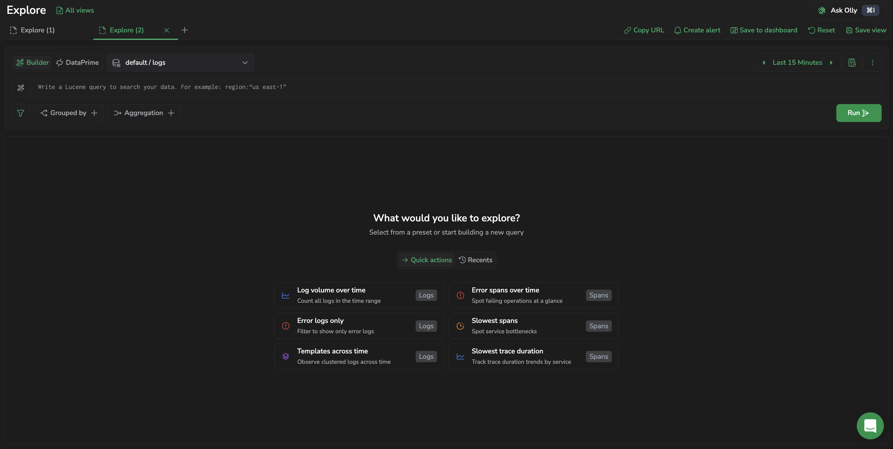 Explore Zero state with Quick actions tab selected, showing logs and spans tiles in dark mode