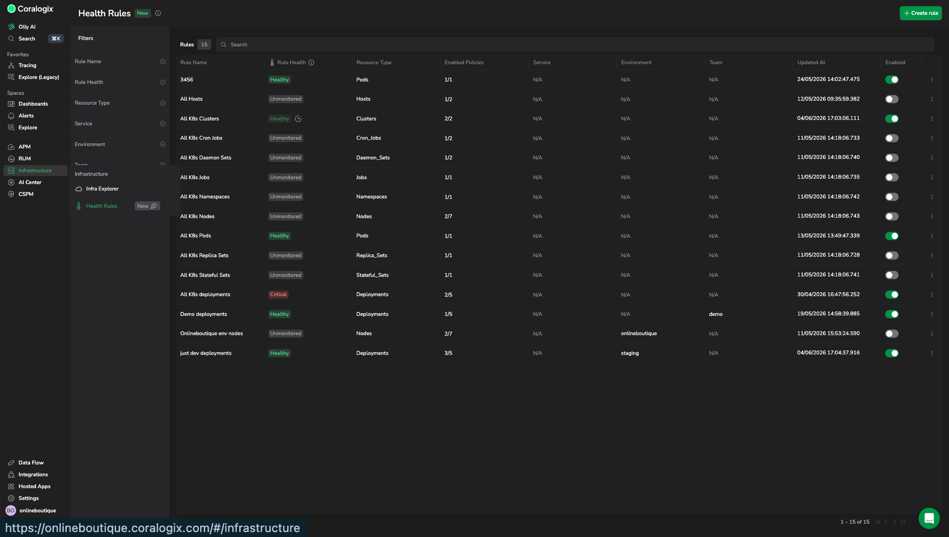 Health rules table listing rules with rule health, resource type, and enabled policies columns