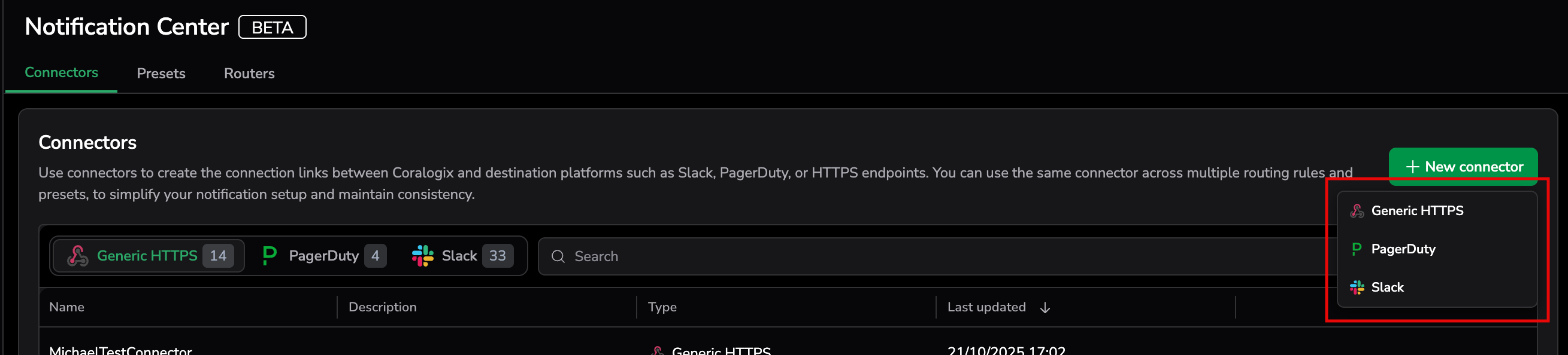 Type of connector destinations